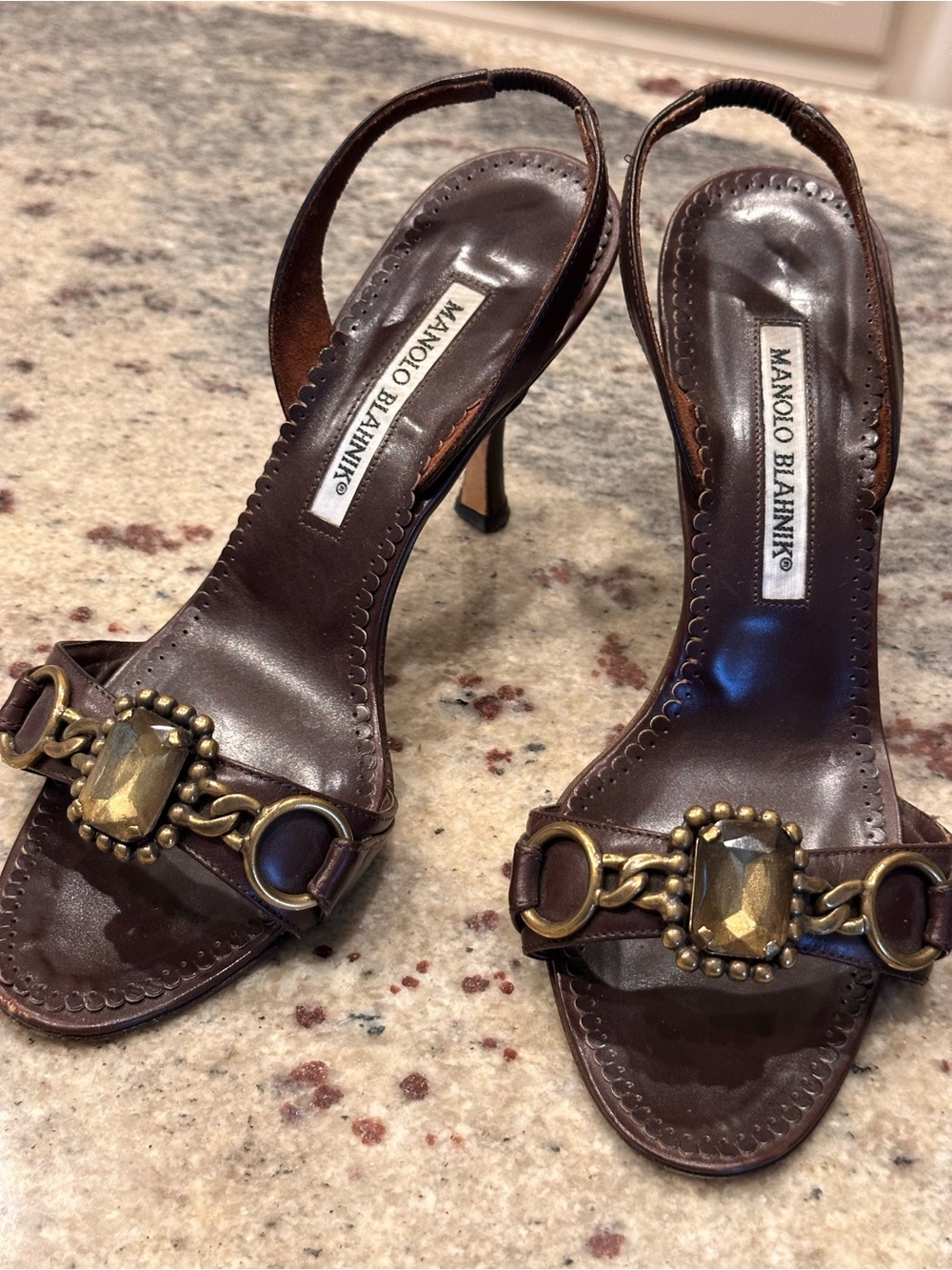 Manolo Blahnik Brown Stone & Chain
Embellished Slingback Heels; Size 36.5 - Picture 11 of 12
